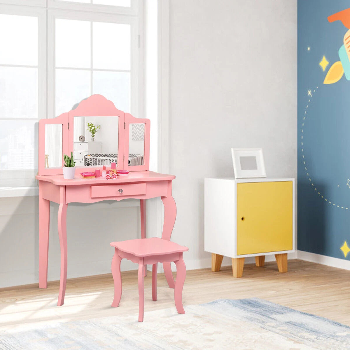 Kids Dressing Table Set with Stool &amp; Mirror for Children Ages 3-7-Pink