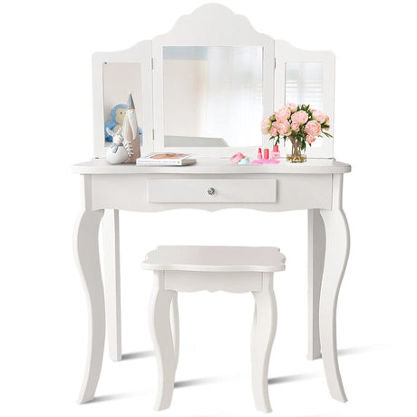 Kids Dressing Table Set with Stool &amp; Mirror for Children Ages 3-7-White