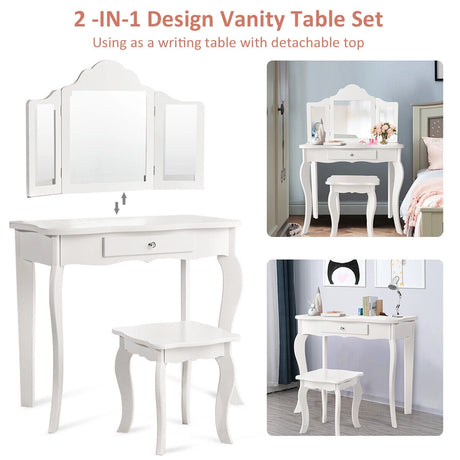 Kids Dressing Table Set with Stool &amp; Mirror for Children Ages 3-7-White
