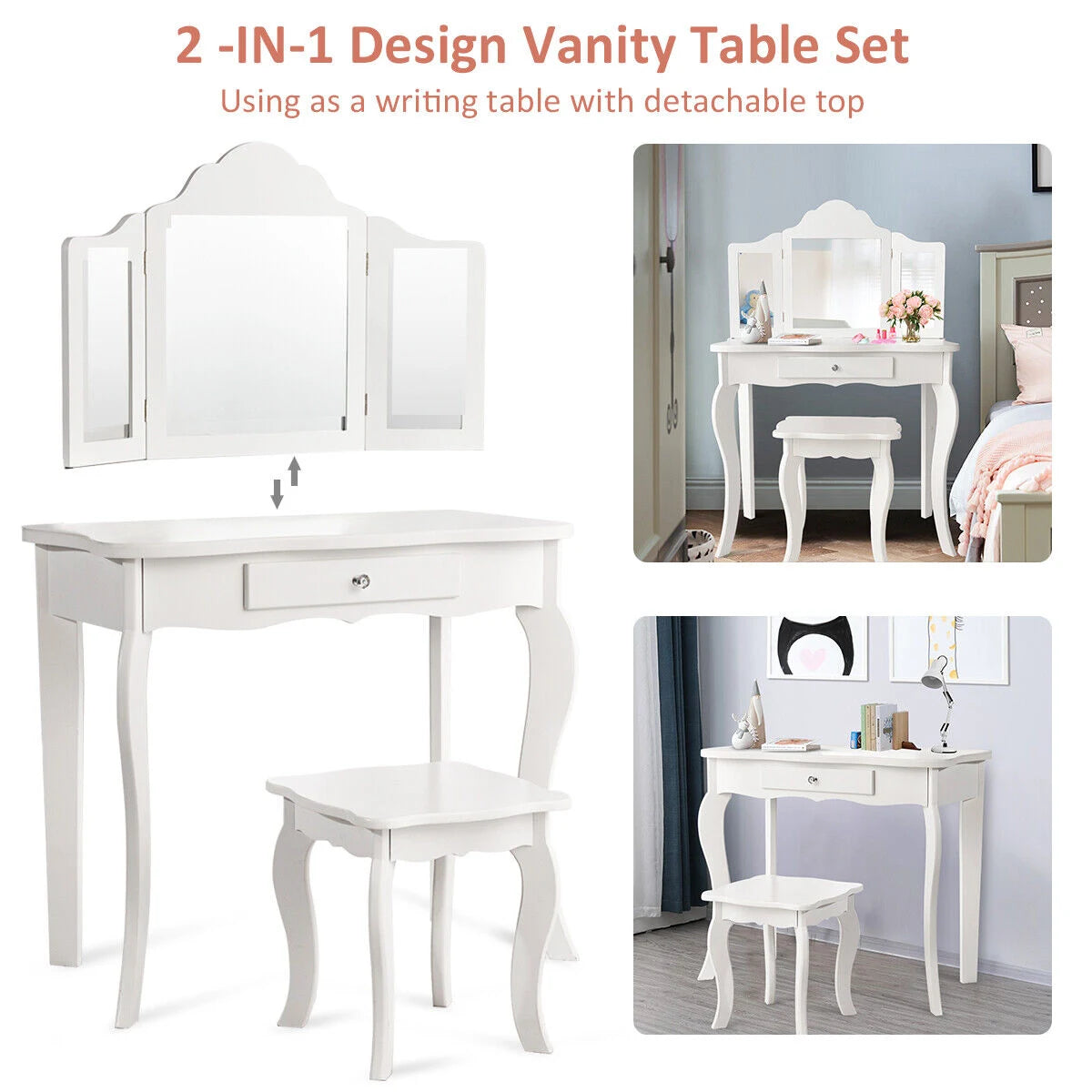 Kids Dressing Table Set with Stool &amp; Mirror for Children Ages 3-7-White