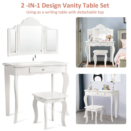 Kids Dressing Table Set with Stool &amp; Mirror for Children Ages 3-7-White