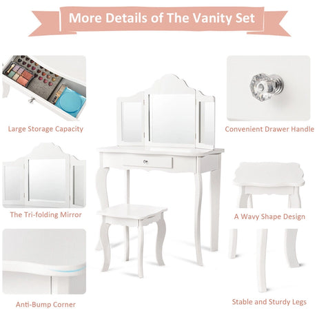 Kids Dressing Table Set with Stool &amp; Mirror for Children Ages 3-7-White