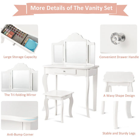 Kids Dressing Table Set with Stool &amp; Mirror for Children Ages 3-7-White