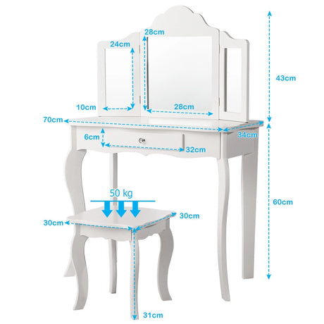 Kids Dressing Table Set with Stool &amp; Mirror for Children Ages 3-7-White