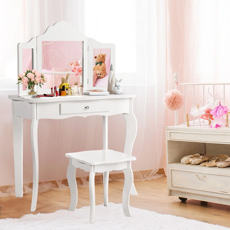 Kids Dressing Table Set with Stool &amp; Mirror for Children Ages 3-7-White