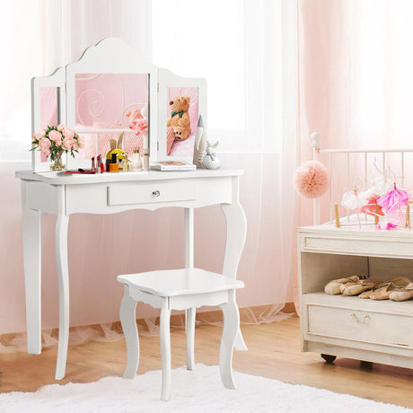 Kids Dressing Table Set with Stool &amp; Mirror for Children Ages 3-7-White