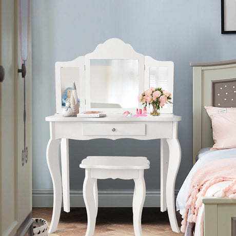 Kids Dressing Table Set with Stool &amp; Mirror for Children Ages 3-7-White