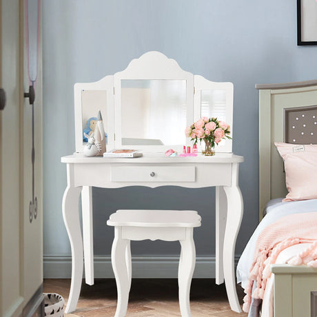 Kids Dressing Table Set with Stool &amp; Mirror for Children Ages 3-7-White