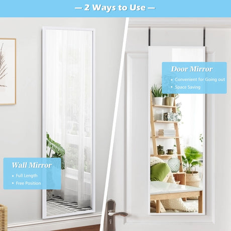 Full Length Wall-Mounted Mirror with Height Adjusting Hooks-White