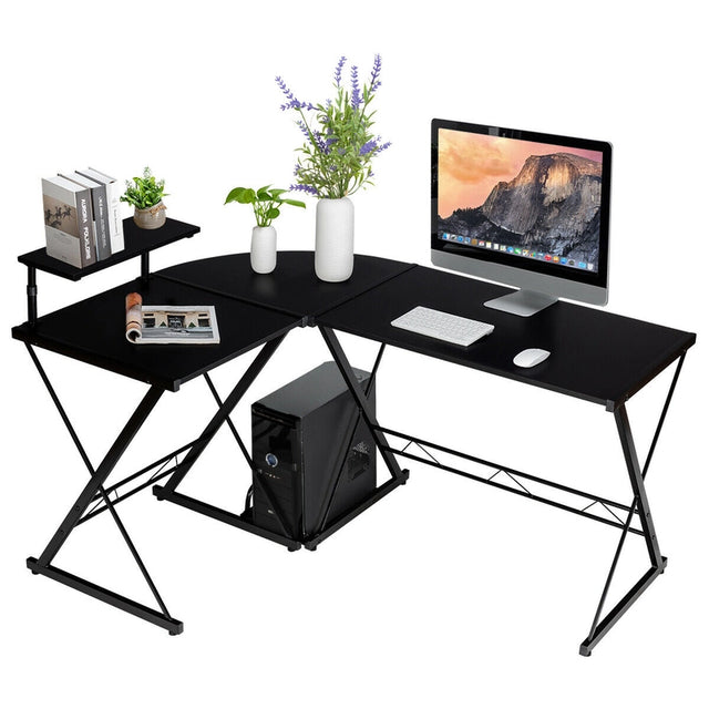 L-Shaped Computer Gaming Desk with Monitor Stand and Host Tray-Black