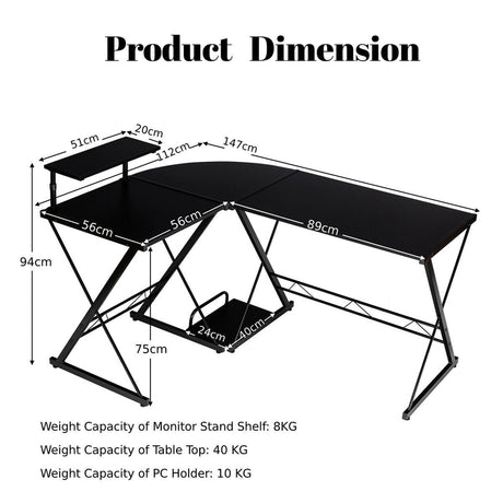 L-Shaped Computer Gaming Desk with Monitor Stand and Host Tray-Black