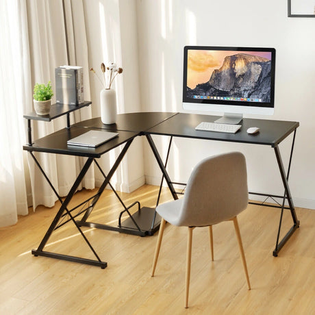 L-Shaped Computer Gaming Desk with Monitor Stand and Host Tray-Black