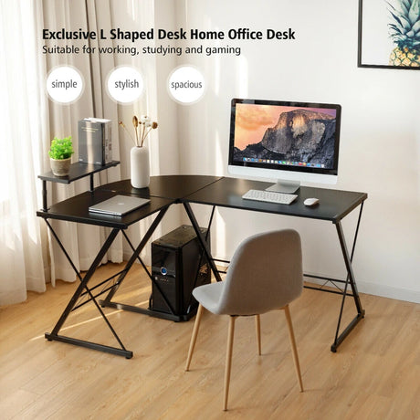 L-Shaped Computer Gaming Desk with Monitor Stand and Host Tray-Black