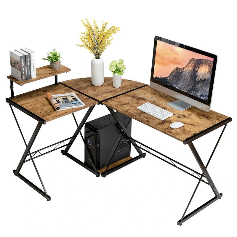 L-Shaped Computer Gaming Desk with Monitor Stand and Host Tray-Rustic Brown