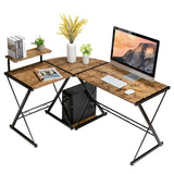 L-Shaped Computer Gaming Desk with Monitor Stand and Host Tray-Rustic Brown