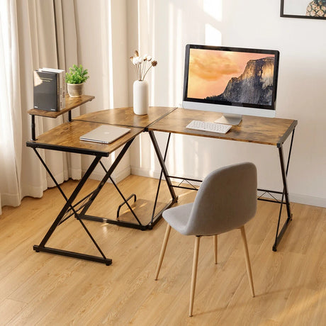 L-Shaped Computer Gaming Desk with Monitor Stand and Host Tray-Rustic Brown