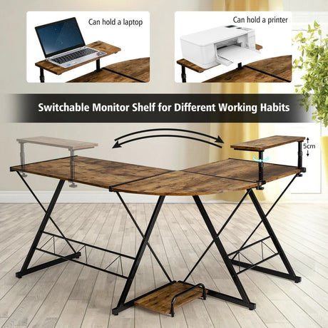 L-Shaped Computer Gaming Desk with Monitor Stand and Host Tray-Rustic Brown