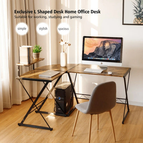 L-Shaped Computer Gaming Desk with Monitor Stand and Host Tray-Rustic Brown