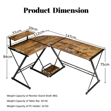 L-Shaped Computer Gaming Desk with Monitor Stand and Host Tray-Rustic Brown