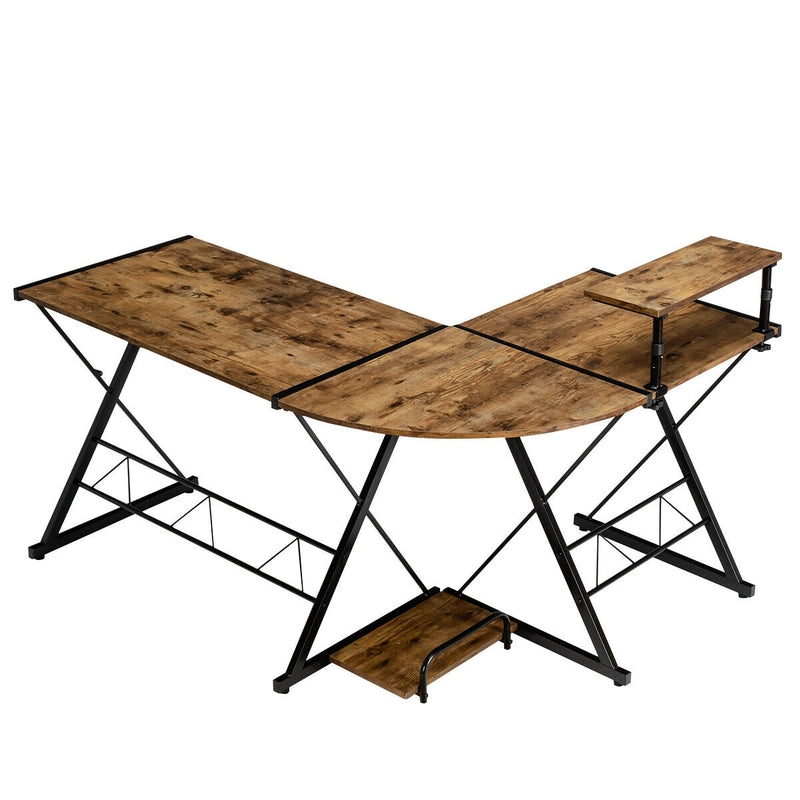 L-Shaped Computer Gaming Desk with Monitor Stand and Host Tray-Rustic Brown