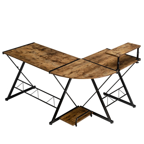L-Shaped Computer Gaming Desk with Monitor Stand and Host Tray-Rustic Brown