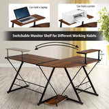 L-Shaped Computer Gaming Desk with Monitor Stand and Host Tray-Walnut