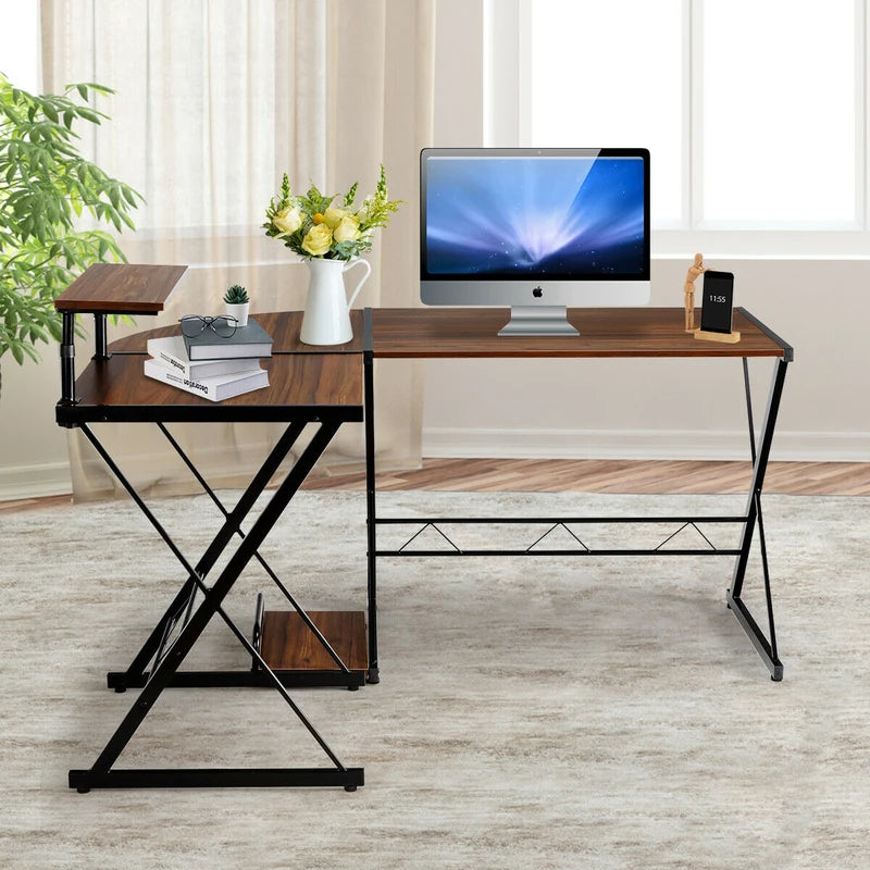 L-Shaped Computer Gaming Desk with Monitor Stand and Host Tray-Walnut