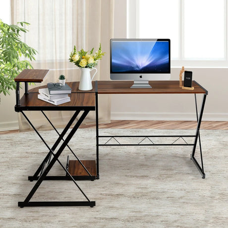 L-Shaped Computer Gaming Desk with Monitor Stand and Host Tray-Walnut
