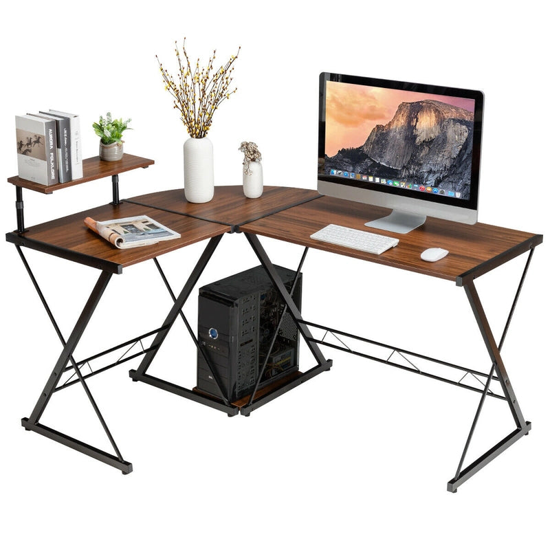 L-Shaped Computer Gaming Desk with Monitor Stand and Host Tray-Walnut