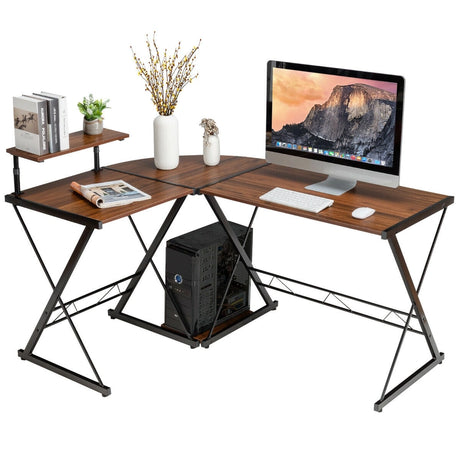 L-Shaped Computer Gaming Desk with Monitor Stand and Host Tray-Walnut