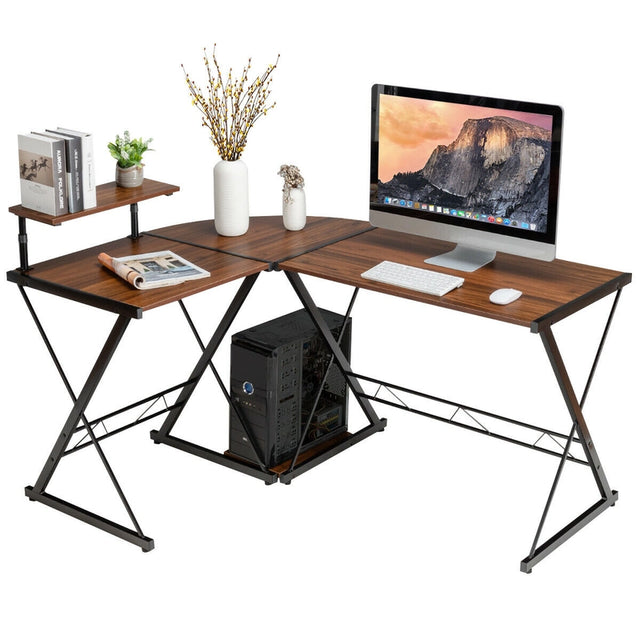 L-Shaped Computer Gaming Desk with Monitor Stand and Host Tray-Walnut