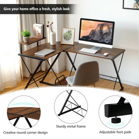 L-Shaped Computer Gaming Desk with Monitor Stand and Host Tray-Walnut