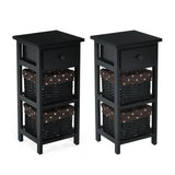 Bedside Table Made of Paulownia Wood in Country House Style-Black-2 Pieces