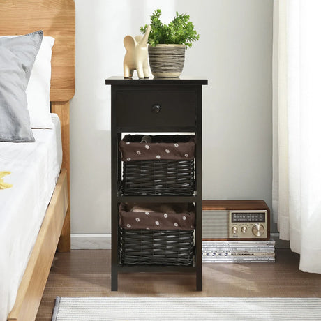 Bedside Table Made of Paulownia Wood in Country House Style-Black-2 Pieces