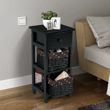 Bedside Table Made of Paulownia Wood in Country House Style-Black-2 Pieces