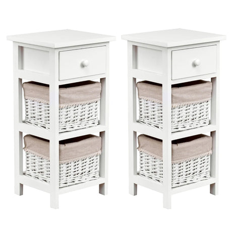 2 Pieces Bedroom Bedside End Table with Drawer Baskets-White