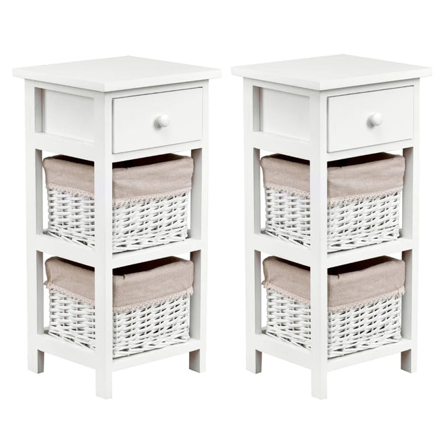 2 Pieces Bedroom Bedside End Table with Drawer Baskets-White