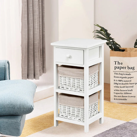 2 Pieces Bedroom Bedside End Table with Drawer Baskets-White