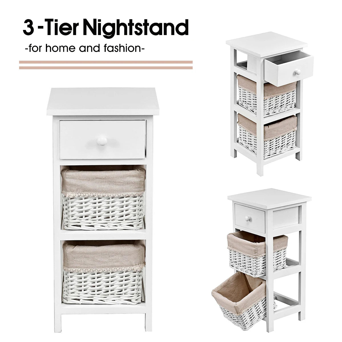 2 Pieces Bedroom Bedside End Table with Drawer Baskets-White