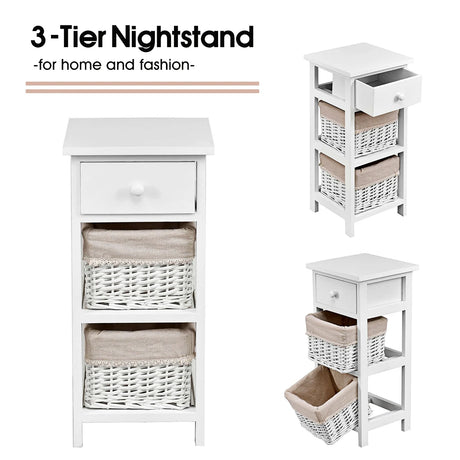2 Pieces Bedroom Bedside End Table with Drawer Baskets-White