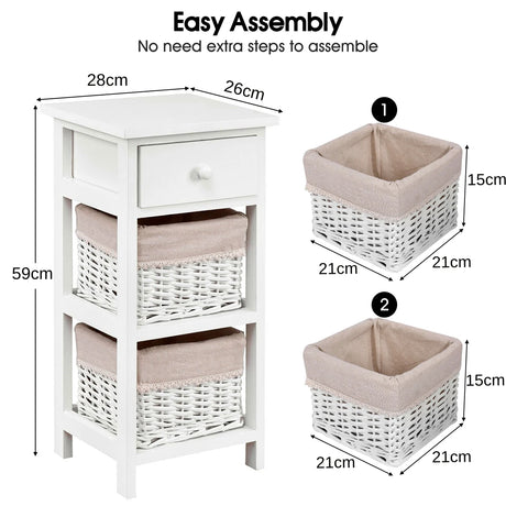2 Pieces Bedroom Bedside End Table with Drawer Baskets-White