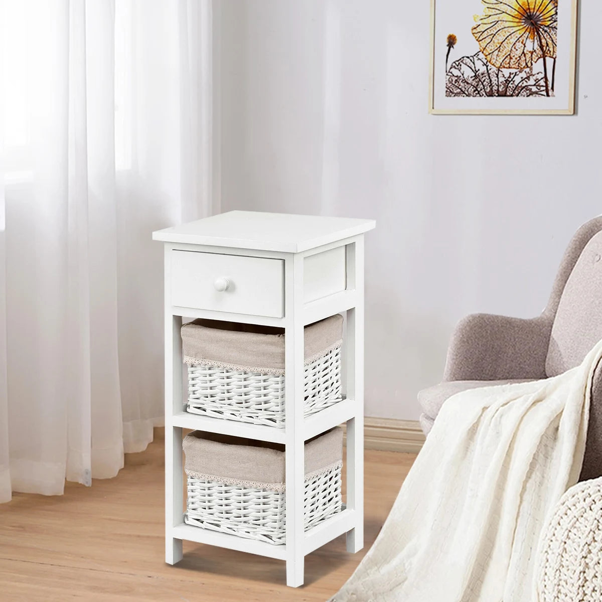 2 Pieces Bedroom Bedside End Table with Drawer Baskets-White