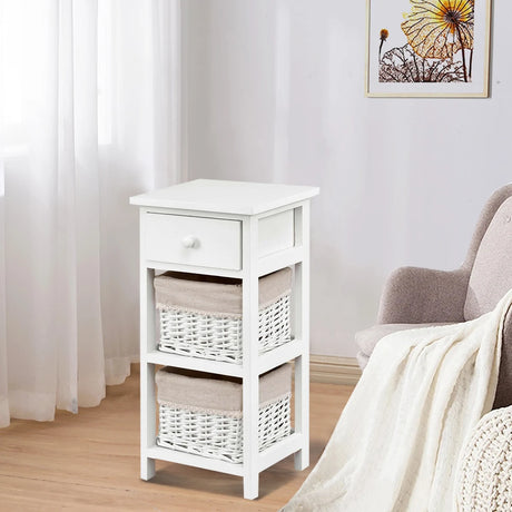 2 Pieces Bedroom Bedside End Table with Drawer Baskets-White