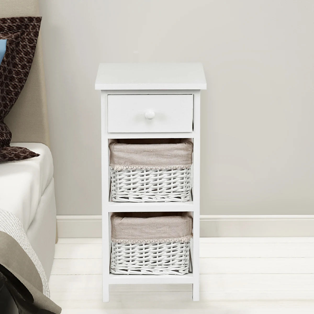 2 Pieces Bedroom Bedside End Table with Drawer Baskets-White