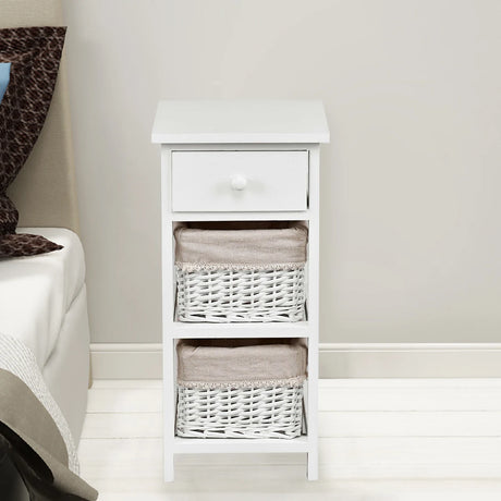 2 Pieces Bedroom Bedside End Table with Drawer Baskets-White