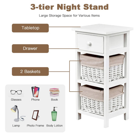 Wooden Morden Nightstand with 2 Wicker Rattan Drawers