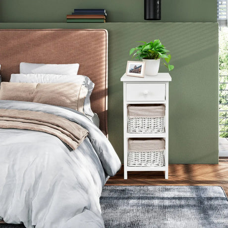Wooden Morden Nightstand with 2 Wicker Rattan Drawers
