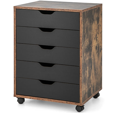 5 Drawer Mobile Lateral Filing Storage Home Office Floor Cabinet with Wheels-Rustic Brown