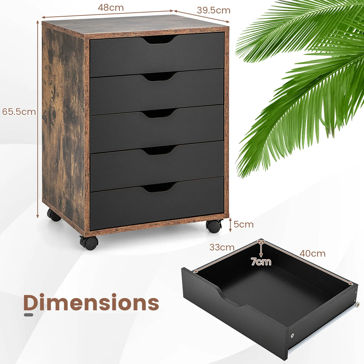5 Drawer Mobile Lateral Filing Storage Home Office Floor Cabinet with Wheels-Rustic Brown