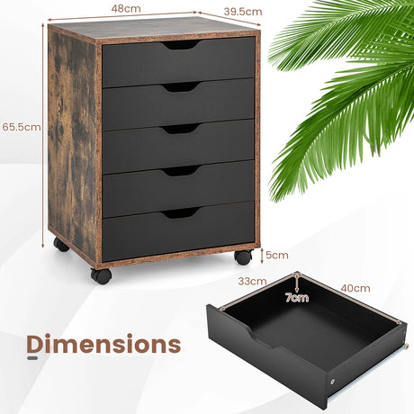 5 Drawer Mobile Lateral Filing Storage Home Office Floor Cabinet with Wheels-Rustic Brown